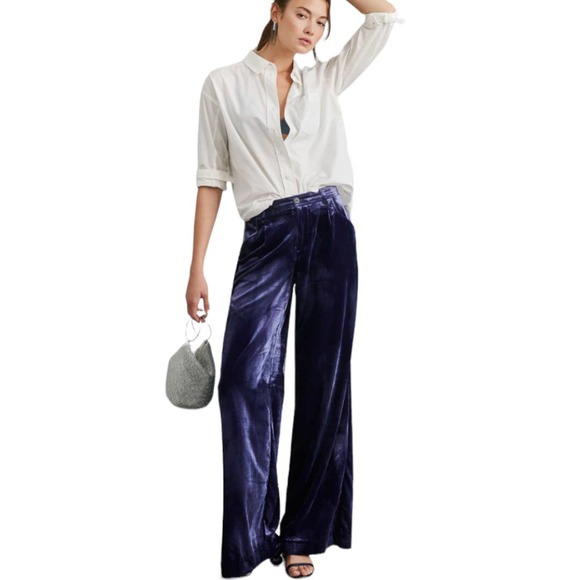 Anthropologie Wide Leg Velvet Trousers Pants Size 6 Tall Blue - Picture 2 of 9